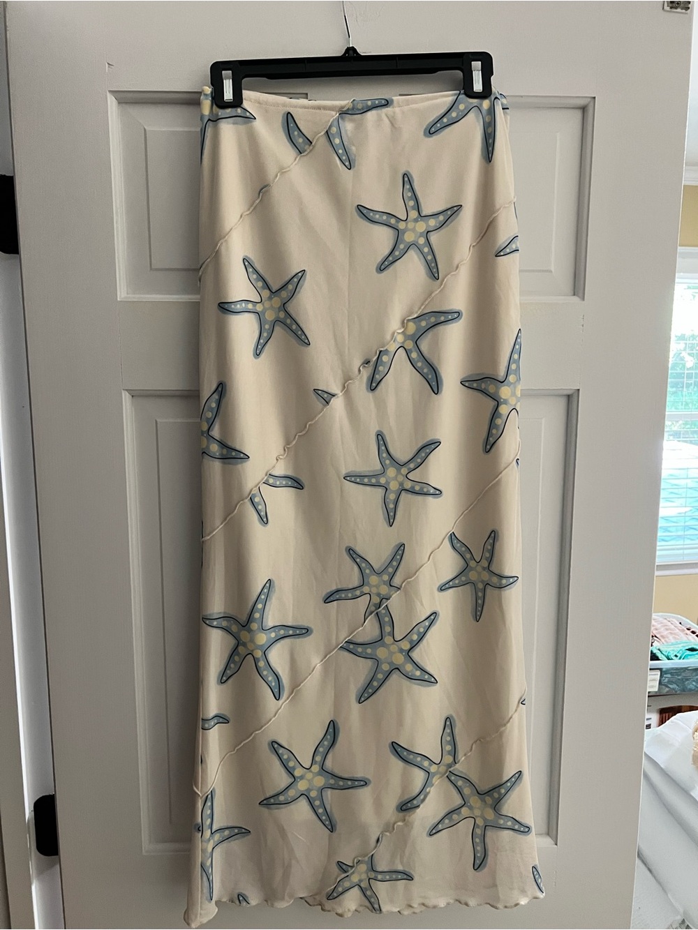 Cream Maxi Skirt with Blue Starfish Print